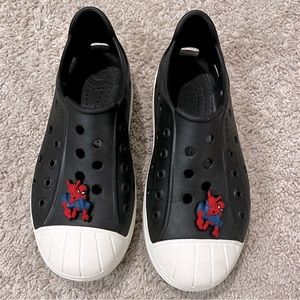 Crocs Size 3 Bump It black & white Slip On water Sneaker Spider-Man Jibbitz